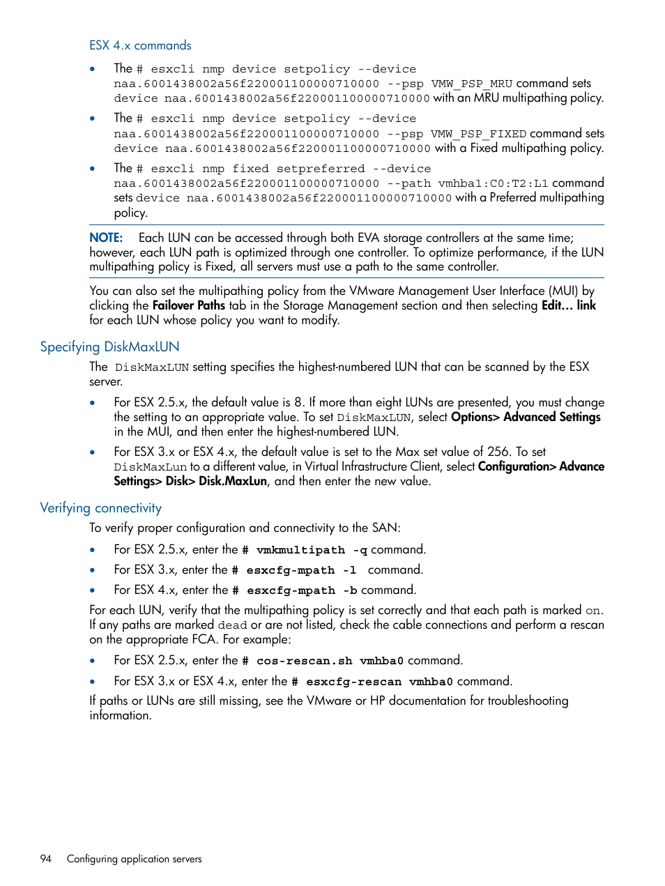 Specifying diskmaxlun, Verifying connectivity, Specifying diskmaxlun verifying connectivity | HP 4000.6000.8000 Enterprise Virtual Arrays User Manual | Page 94 / 180