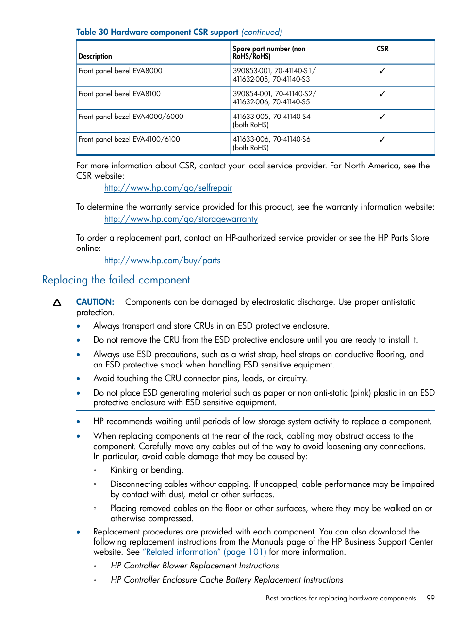 Replacing the failed component | HP 4000.6000.8000 Enterprise Virtual Arrays User Manual | Page 99 / 180