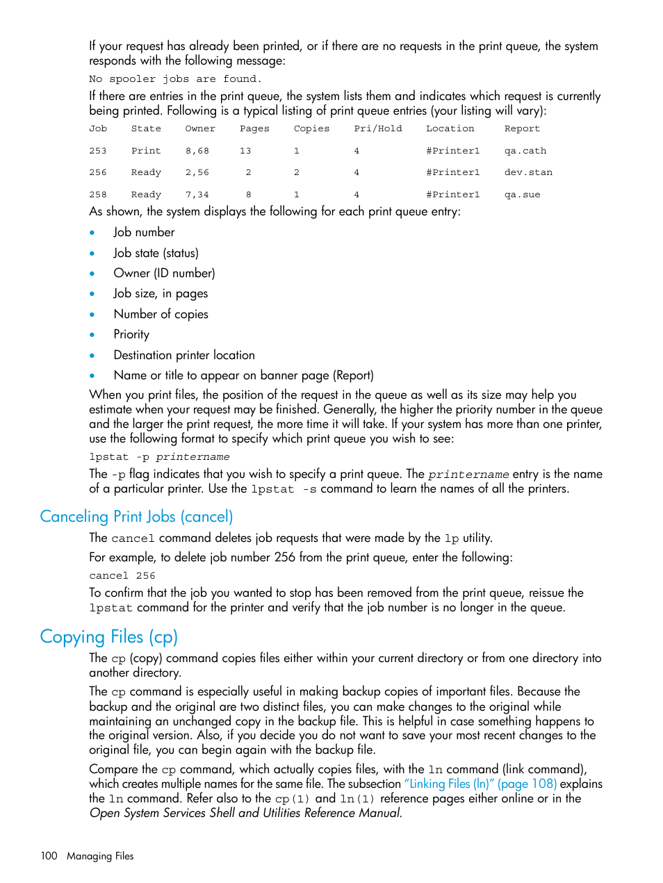 Canceling print jobs (cancel), Copying files (cp) | HP NonStop G-Series User Manual | Page 100 / 213