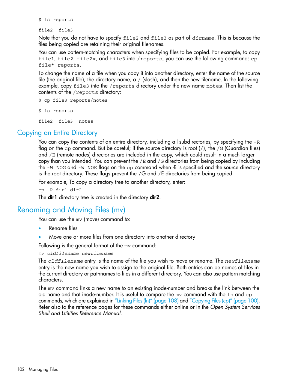 Copying an entire directory, Renaming and moving files (mv) | HP NonStop G-Series User Manual | Page 102 / 213