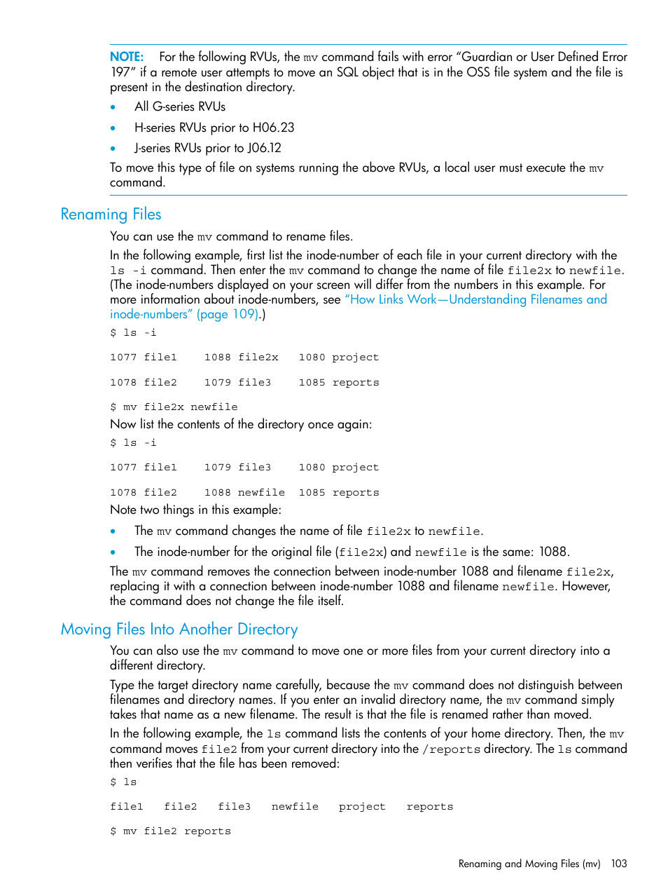 Renaming files, Moving files into another directory, Renaming files moving files into another directory | HP NonStop G-Series User Manual | Page 103 / 213