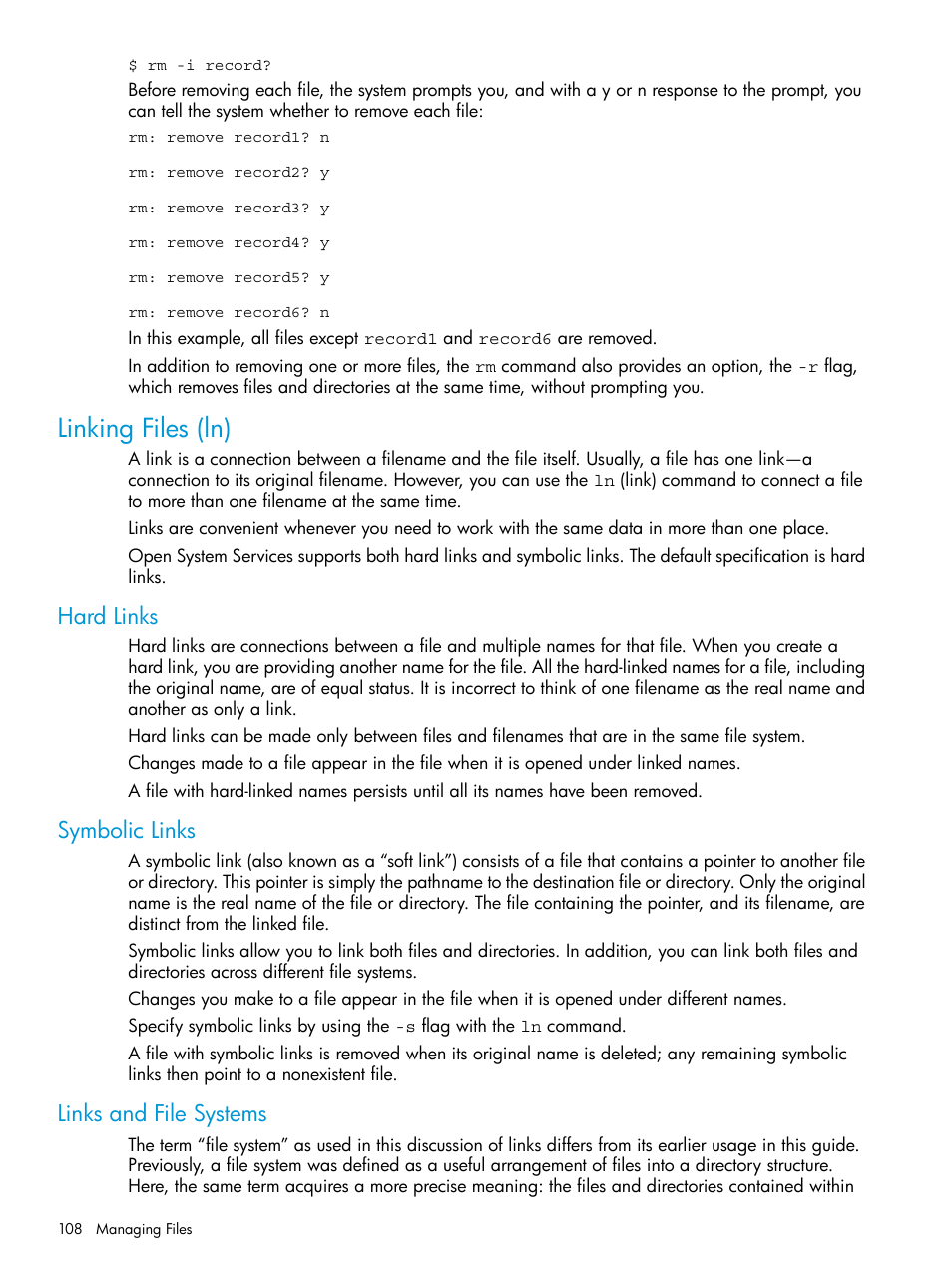 Linking files (ln), Hard links, Symbolic links | Links and file systems, Hard links symbolic links links and file systems | HP NonStop G-Series User Manual | Page 108 / 213