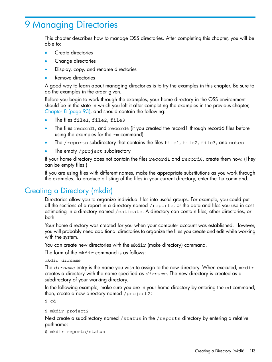 9 managing directories, Creating a directory (mkdir), Chapter 9: managing directories | HP NonStop G-Series User Manual | Page 113 / 213