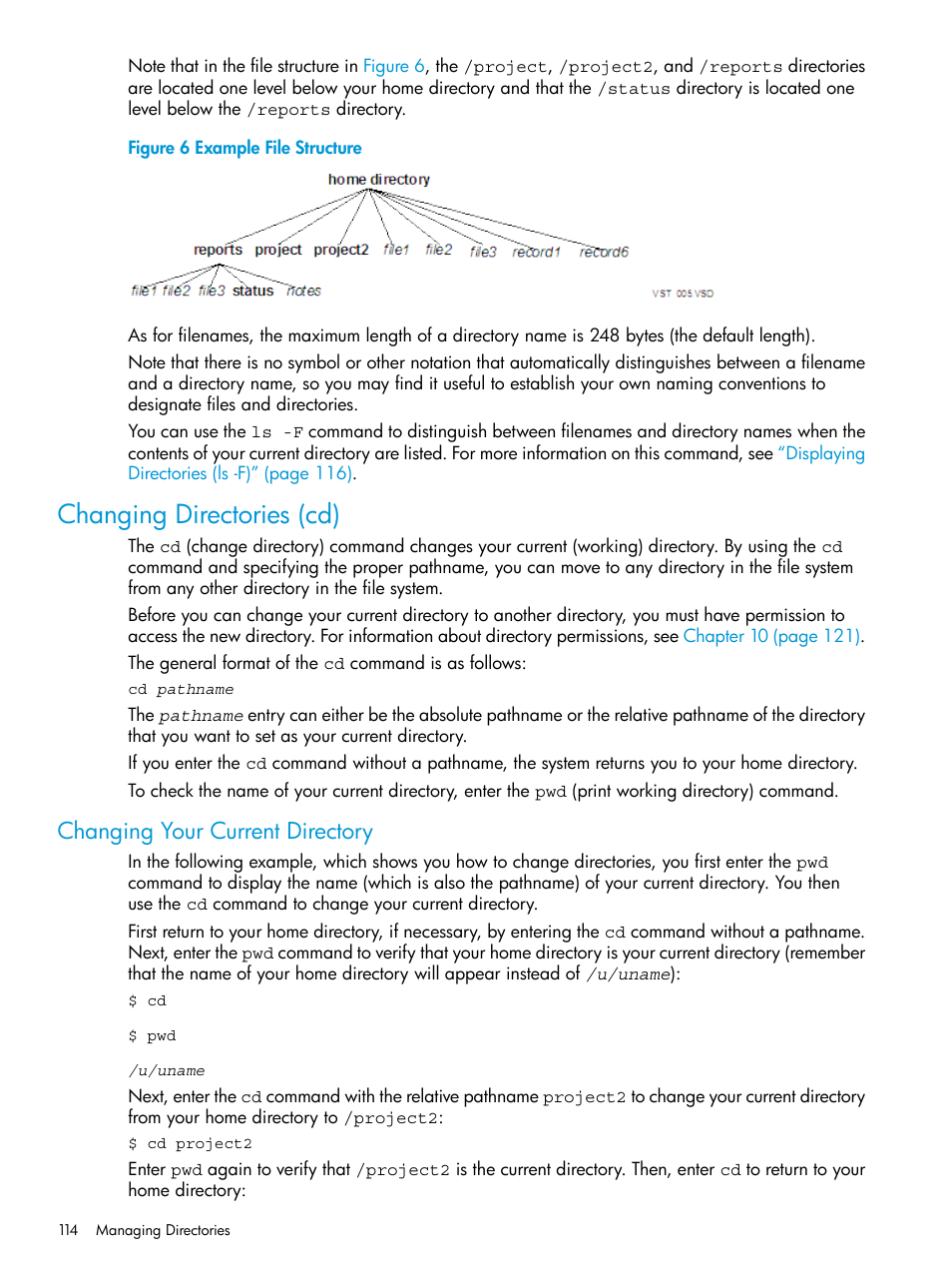 Changing directories (cd), Changing your current directory, Example file structure | HP NonStop G-Series User Manual | Page 114 / 213
