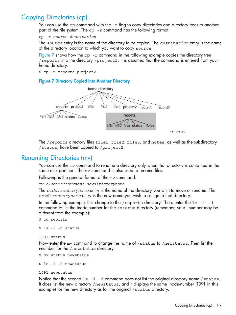 Copying directories (cp), Renaming directories (mv), Copying directories (cp) renaming directories (mv) | Directory copied into another directory | HP NonStop G-Series User Manual | Page 117 / 213