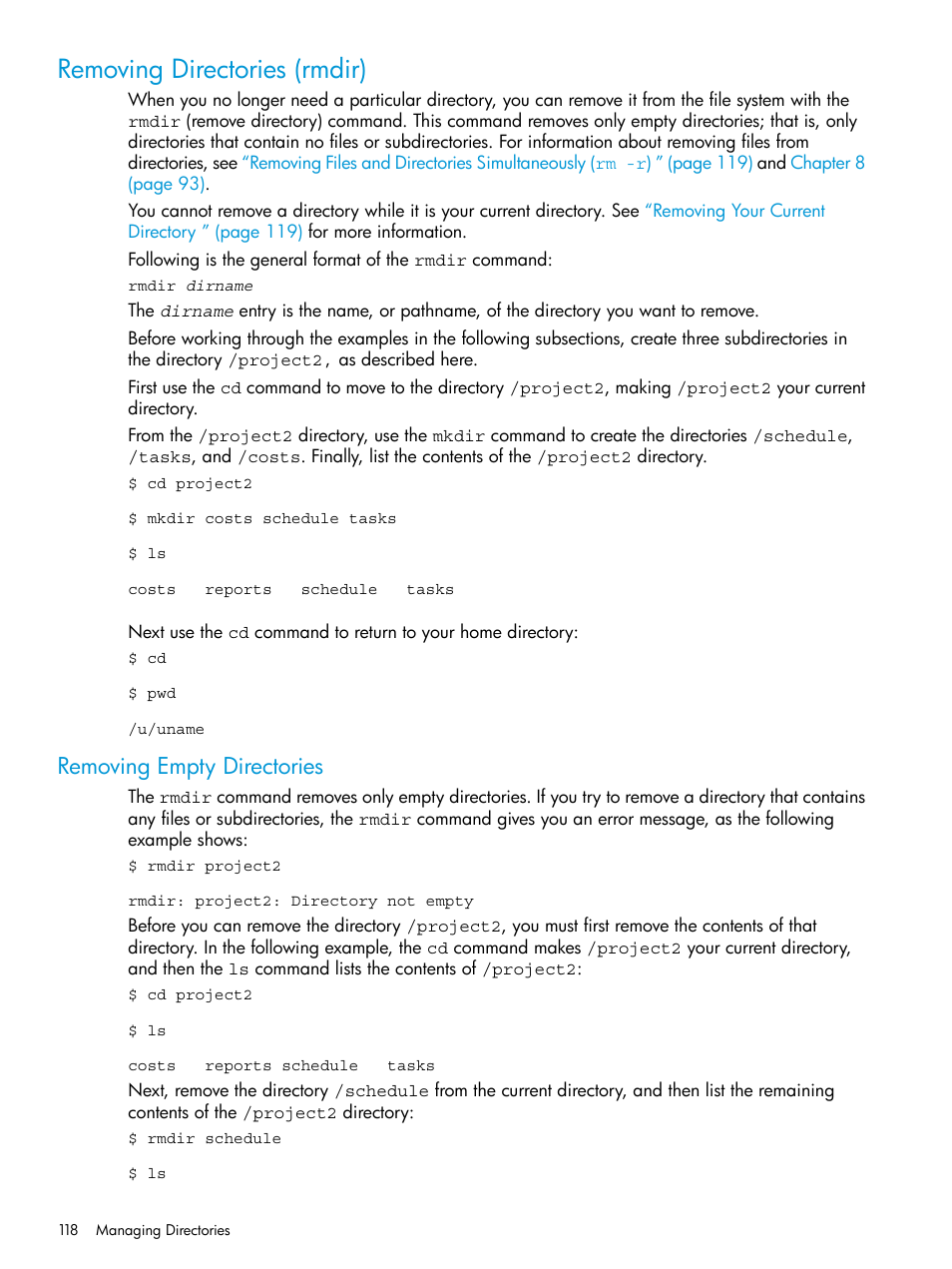 Removing directories (rmdir), Removing empty directories | HP NonStop G-Series User Manual | Page 118 / 213