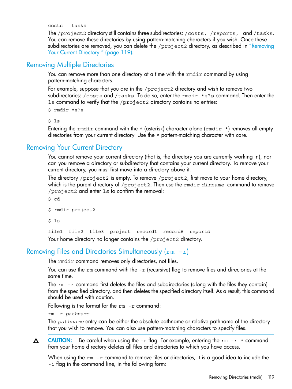Removing multiple directories, Removing your current directory, Removing your current | HP NonStop G-Series User Manual | Page 119 / 213