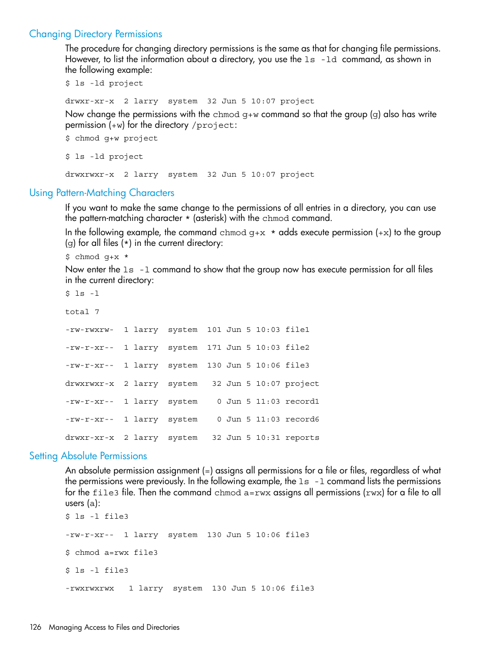 Changing directory permissions, Using pattern-matching characters, Setting absolute permissions | HP NonStop G-Series User Manual | Page 126 / 213