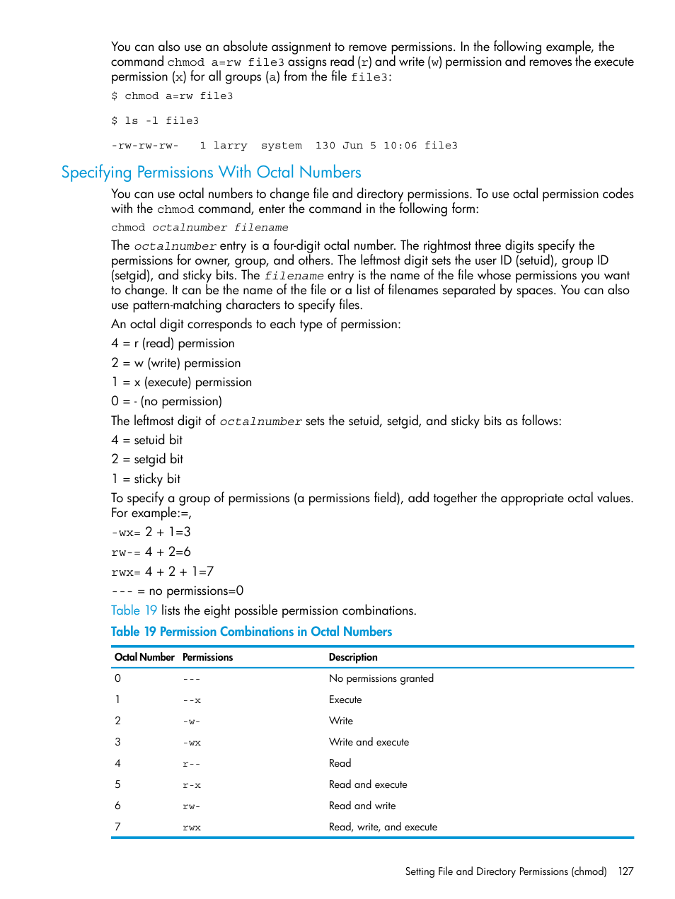 Specifying permissions with octal numbers, Permission combinations in octal numbers | HP NonStop G-Series User Manual | Page 127 / 213