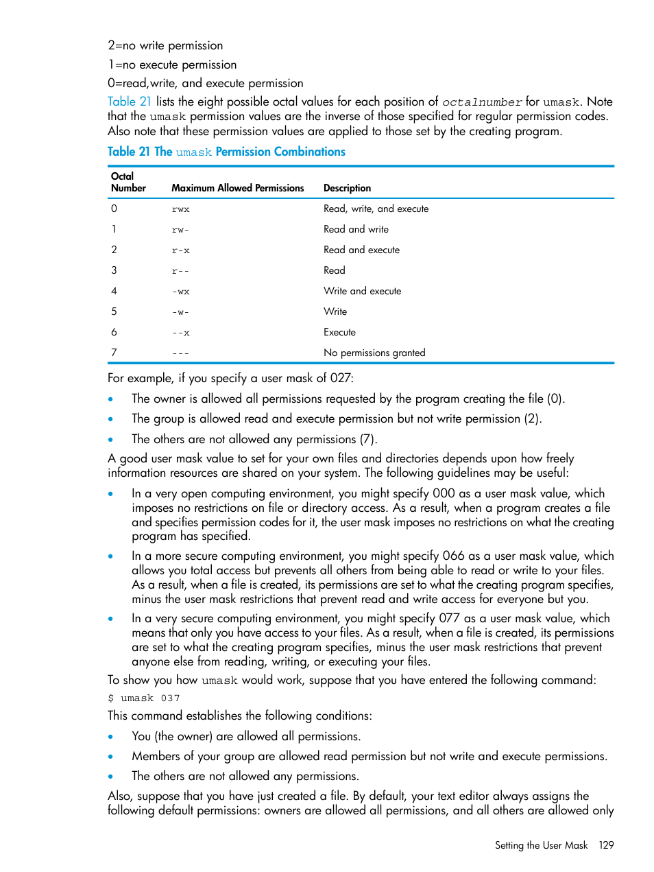 The umask permission combinations | HP NonStop G-Series User Manual | Page 129 / 213