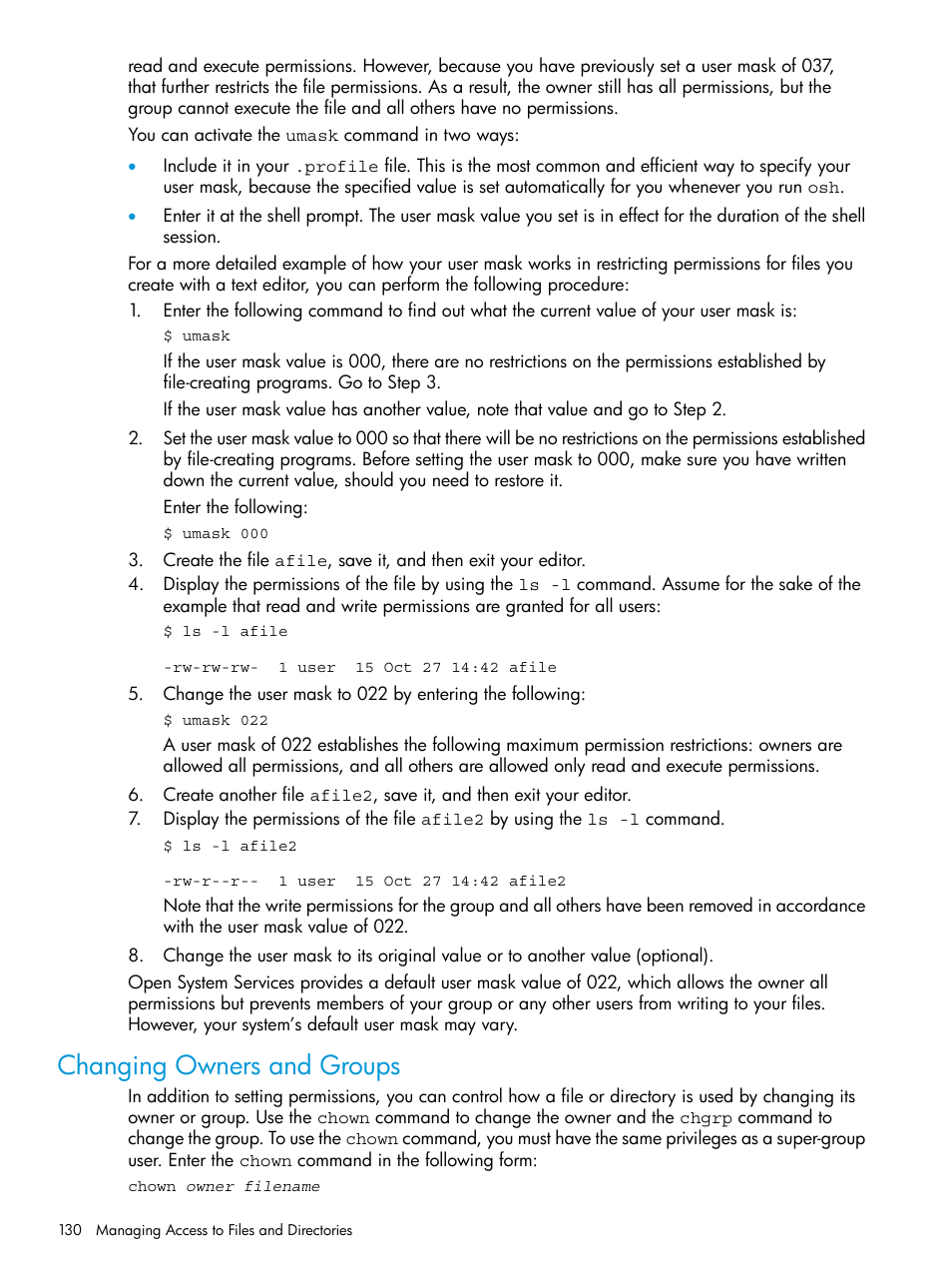 Changing owners and groups, Changing owners | HP NonStop G-Series User Manual | Page 130 / 213