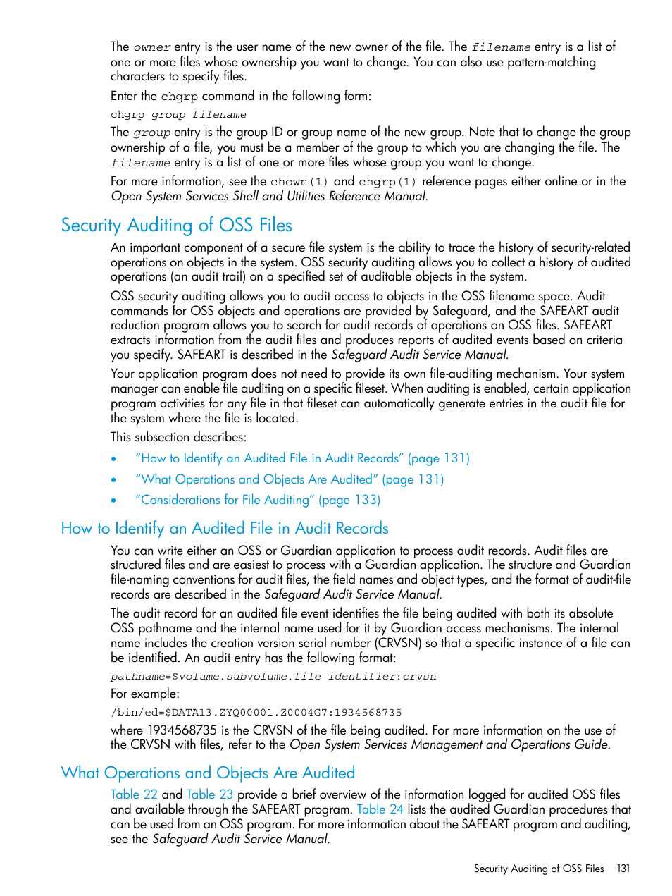 Security auditing of oss files, How to identify an audited file in audit records, What operations and objects are audited | HP NonStop G-Series User Manual | Page 131 / 213