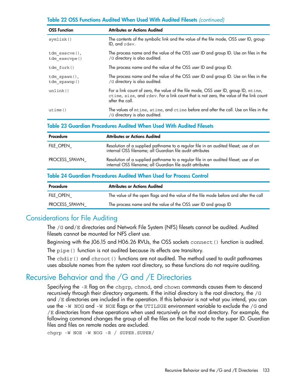 Considerations for file auditing, Recursive behavior and the /g and /e directories, Considerations for | Table 23, Table 24 | HP NonStop G-Series User Manual | Page 133 / 213