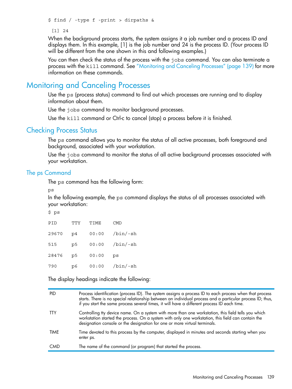 Monitoring and canceling processes, Checking process status, The ps command | HP NonStop G-Series User Manual | Page 139 / 213