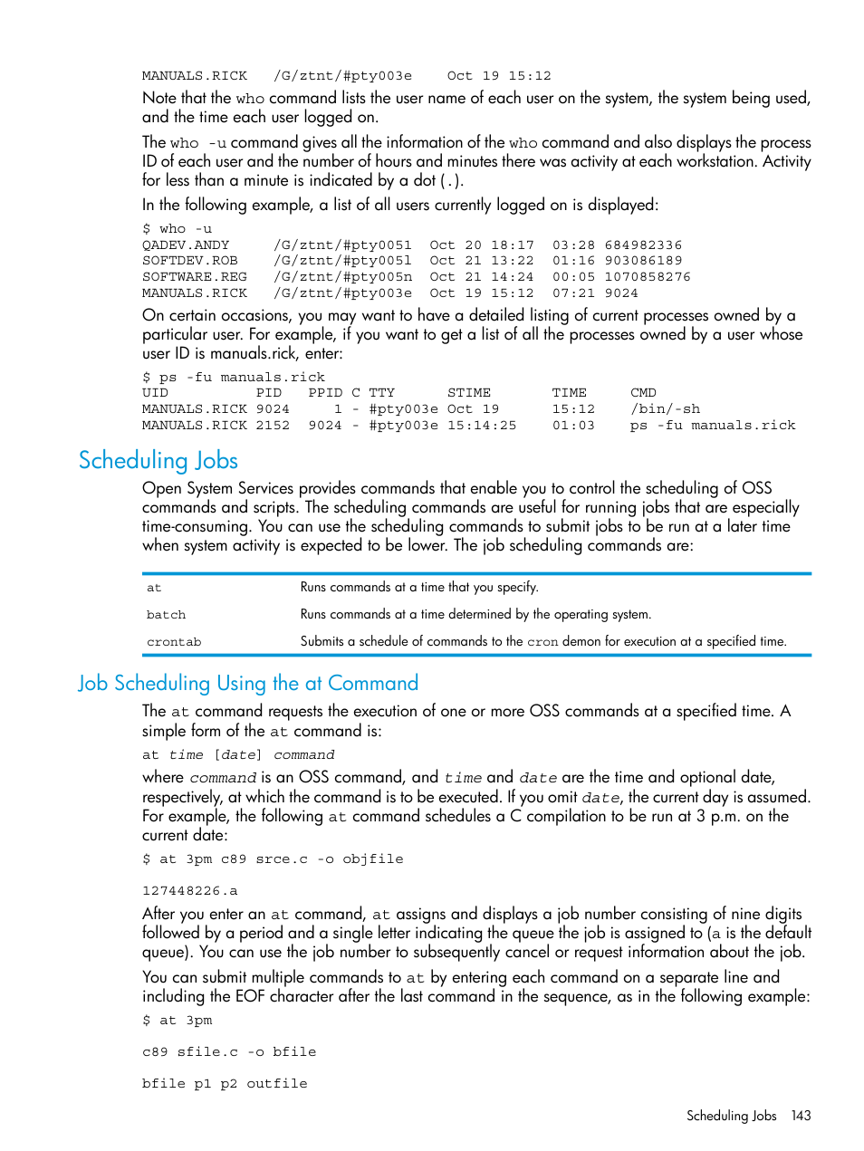 Scheduling jobs, Job scheduling using the at command | HP NonStop G-Series User Manual | Page 143 / 213