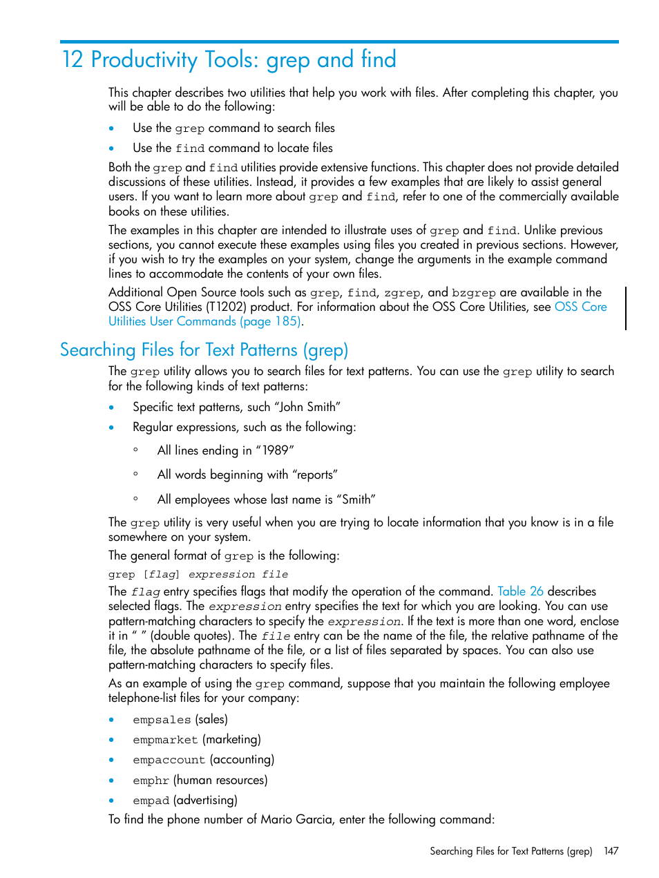 12 productivity tools: grep and find, Searching files for text patterns (grep), Productivity tools: grep and | Chapter 12: productivity tools: grep and find | HP NonStop G-Series User Manual | Page 147 / 213