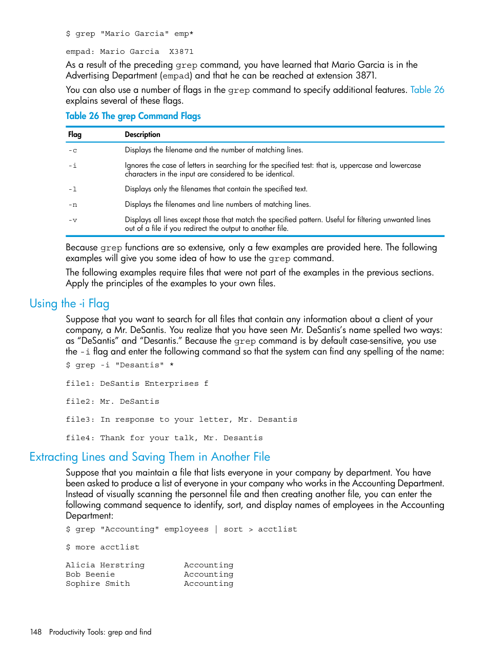 Using the -i flag, Extracting lines and saving them in another file, The grep command flags | HP NonStop G-Series User Manual | Page 148 / 213