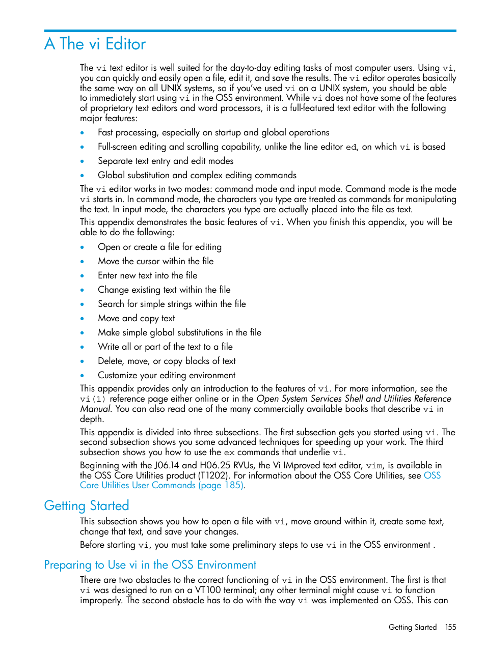 A the vi editor, Getting started, Preparing to use vi in the oss environment | Appendix a: the vi editor | HP NonStop G-Series User Manual | Page 155 / 213