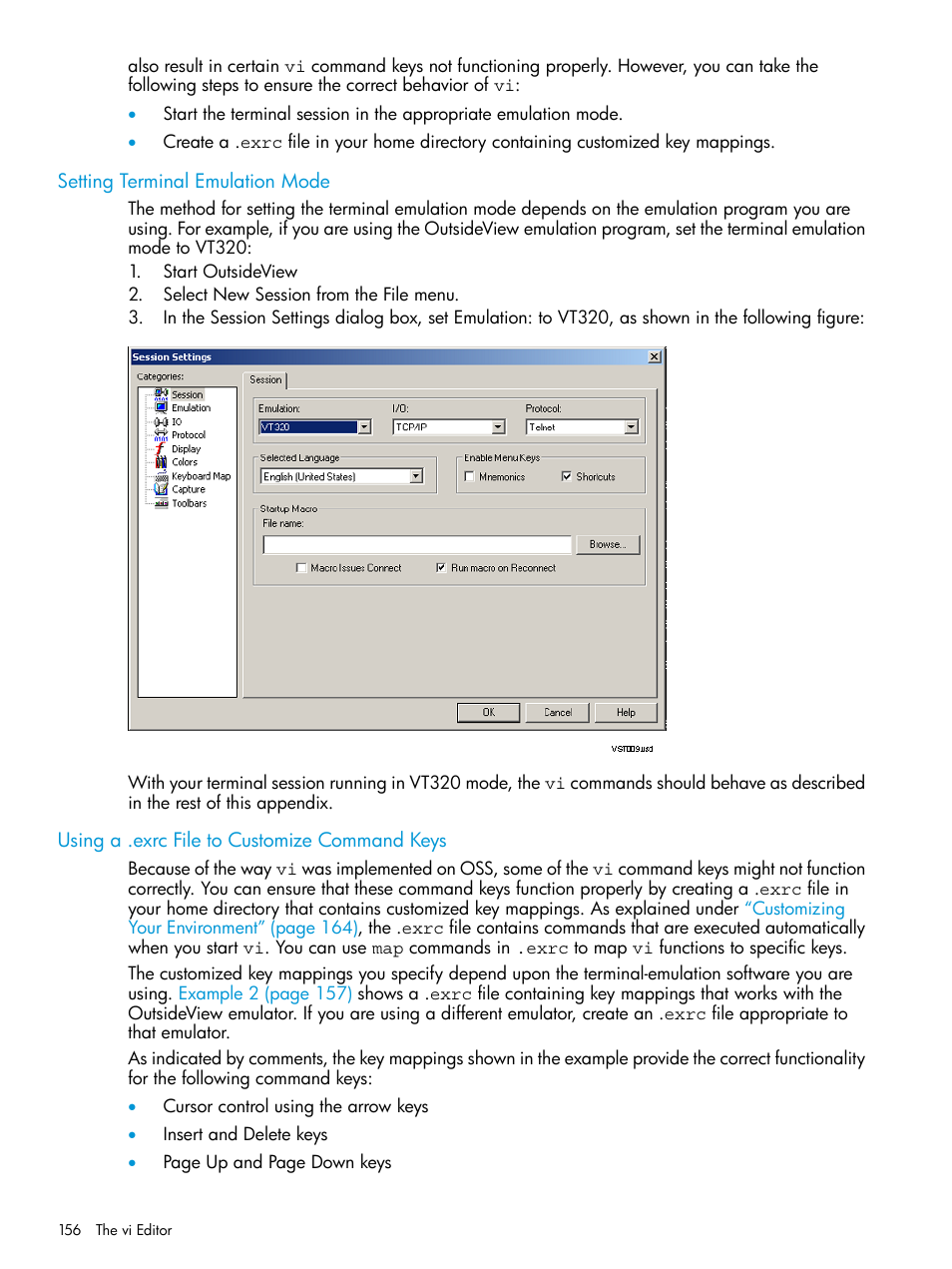 Setting terminal emulation mode, Using a .exrc file to customize command keys | HP NonStop G-Series User Manual | Page 156 / 213
