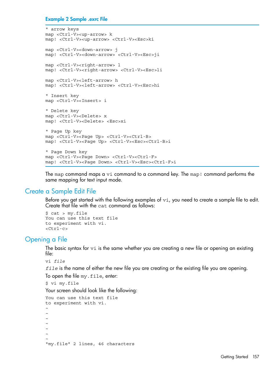 Create a sample edit file, Opening a file, Create a sample edit file opening a file | Sample .exrc file | HP NonStop G-Series User Manual | Page 157 / 213