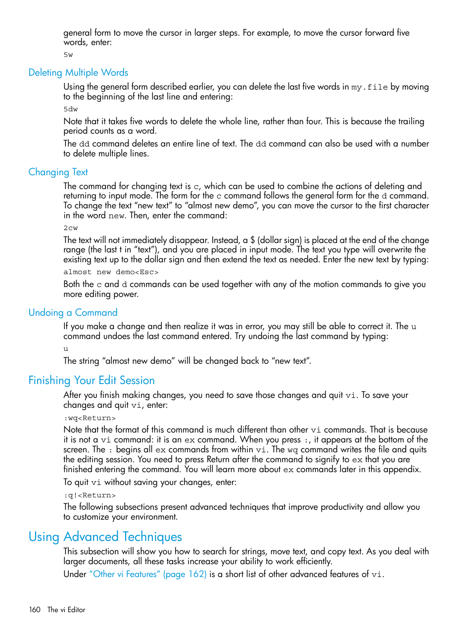 Deleting multiple words, Changing text, Undoing a command | Finishing your edit session, Using advanced techniques | HP NonStop G-Series User Manual | Page 160 / 213