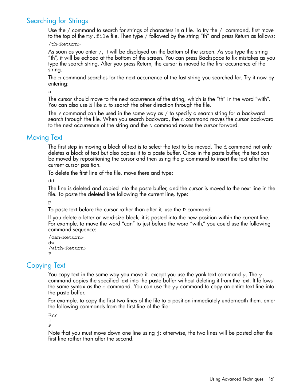 Searching for strings, Moving text, Copying text | Searching for strings moving text copying text | HP NonStop G-Series User Manual | Page 161 / 213