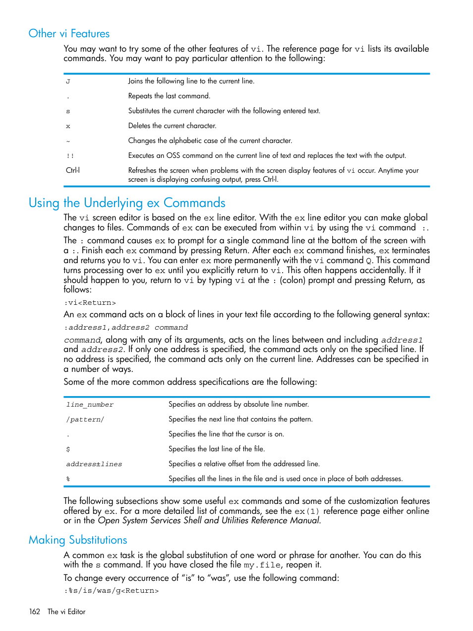 Other vi features, Using the underlying ex commands, Making substitutions | HP NonStop G-Series User Manual | Page 162 / 213