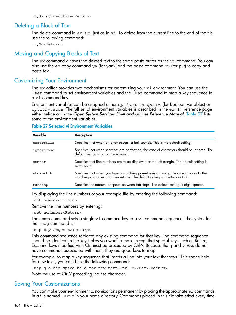 Deleting a block of text, Moving and copying blocks of text, Customizing your environment | Saving your customizations, Selected vi environment variables, Customizing | HP NonStop G-Series User Manual | Page 164 / 213
