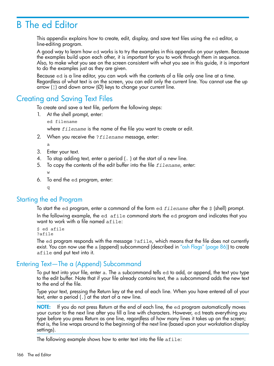 B the ed editor, Creating and saving text files, Starting the ed program | Entering text—the a (append) subcommand, Appendix b: the ed editor | HP NonStop G-Series User Manual | Page 166 / 213