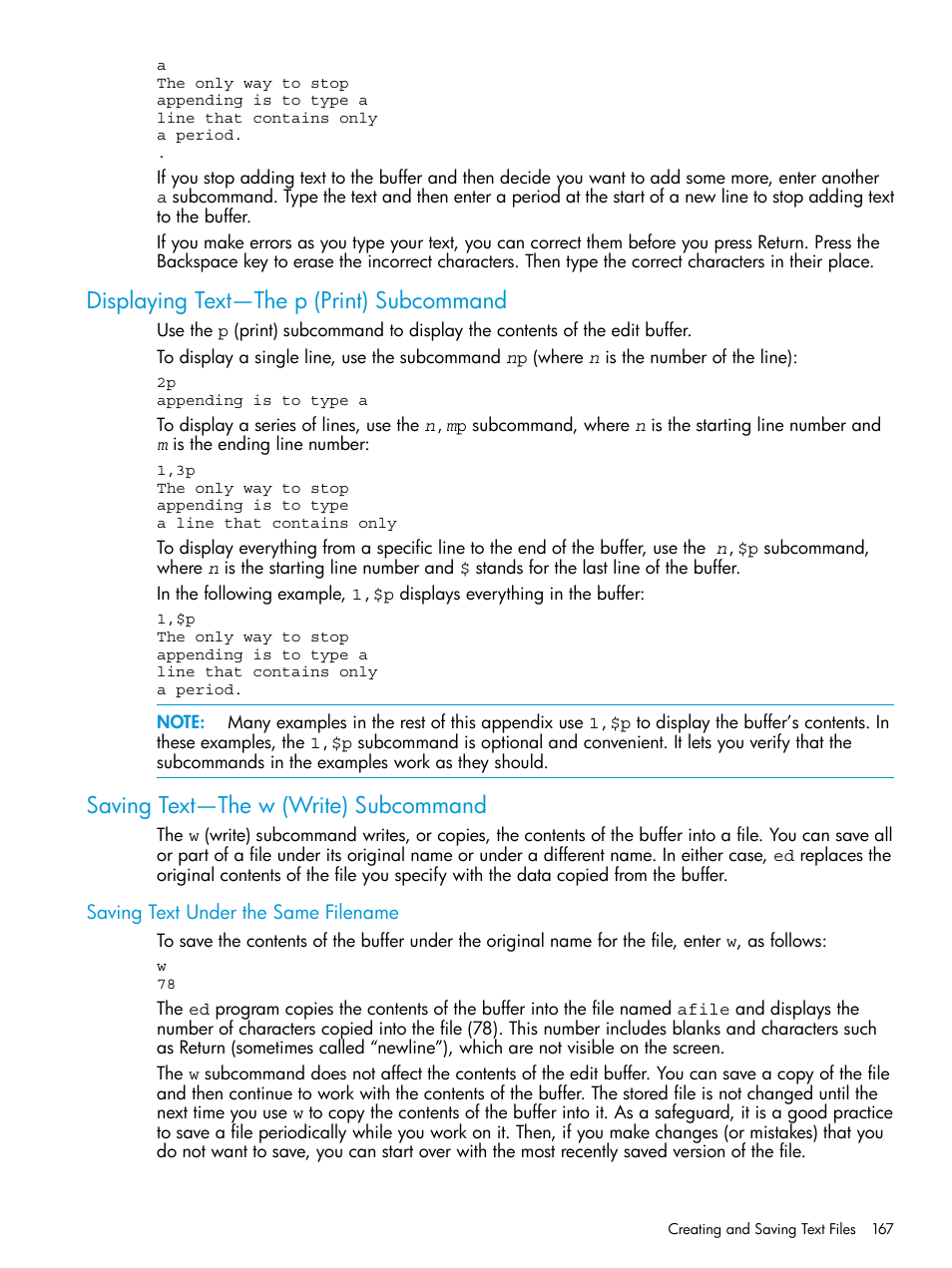 Displaying text—the p (print) subcommand, Saving text—the w (write) subcommand, Saving text under the same filename | HP NonStop G-Series User Manual | Page 167 / 213