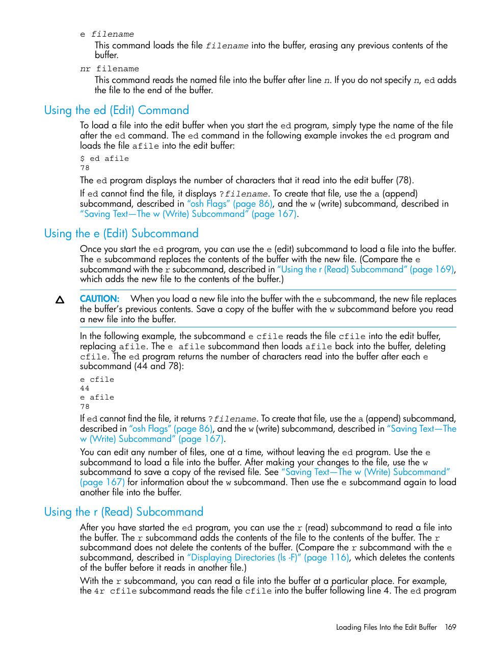 Using the ed (edit) command, Using the e (edit) subcommand, Using the r (read) subcommand | HP NonStop G-Series User Manual | Page 169 / 213