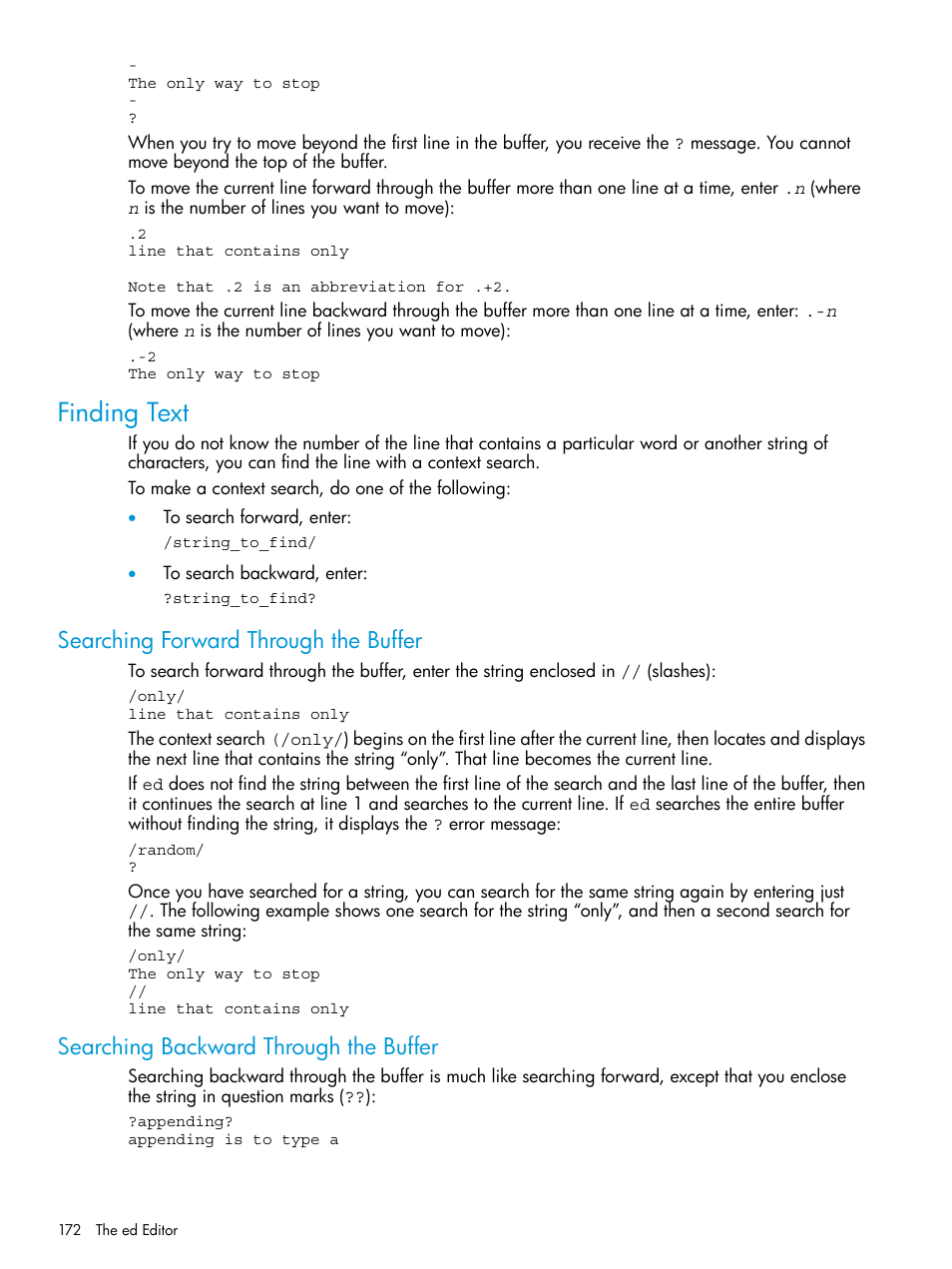 Finding text, Searching forward through the buffer, Searching backward through the buffer | HP NonStop G-Series User Manual | Page 172 / 213