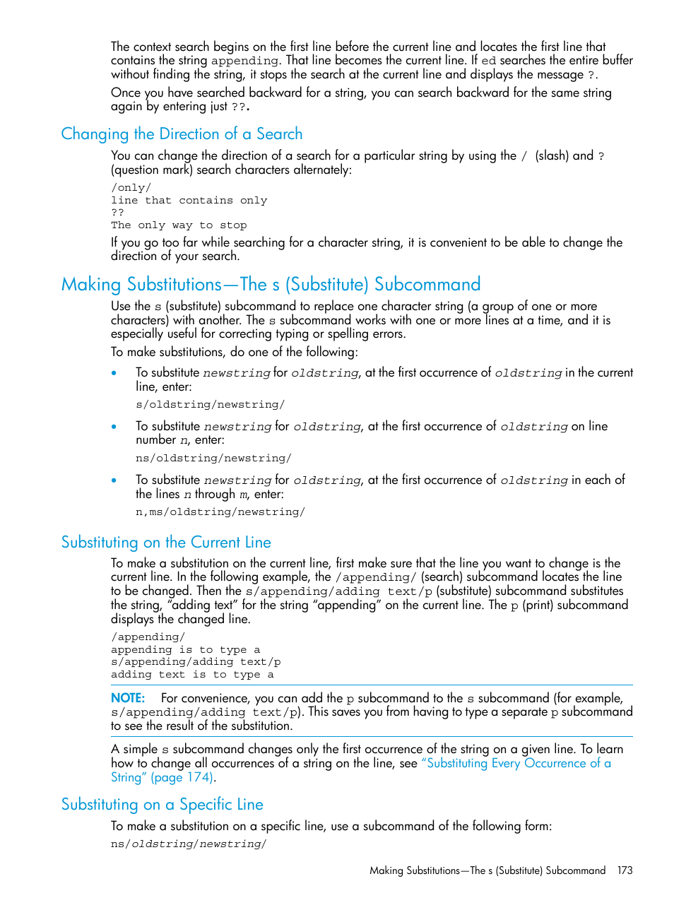 Changing the direction of a search, Making substitutions—the s (substitute) subcommand, Substituting on the current line | Substituting on a specific line | HP NonStop G-Series User Manual | Page 173 / 213