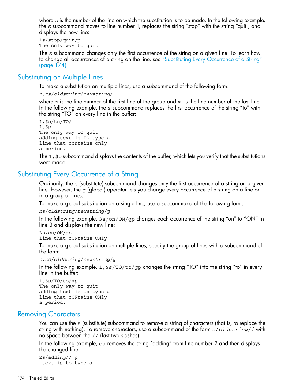 Substituting on multiple lines, Substituting every occurrence of a string, Removing characters | HP NonStop G-Series User Manual | Page 174 / 213