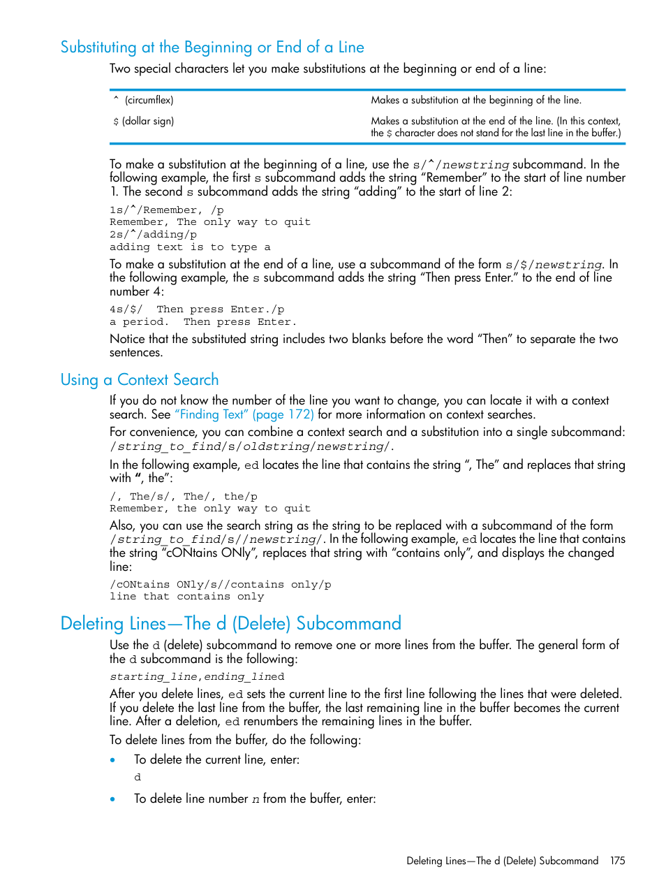 Substituting at the beginning or end of a line, Using a context search, Deleting lines—the d (delete) subcommand | HP NonStop G-Series User Manual | Page 175 / 213