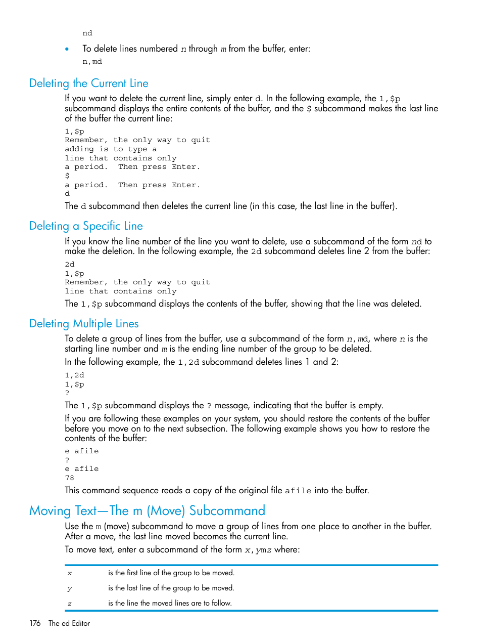 Deleting the current line, Deleting a specific line, Deleting multiple lines | Moving text—the m (move) subcommand | HP NonStop G-Series User Manual | Page 176 / 213