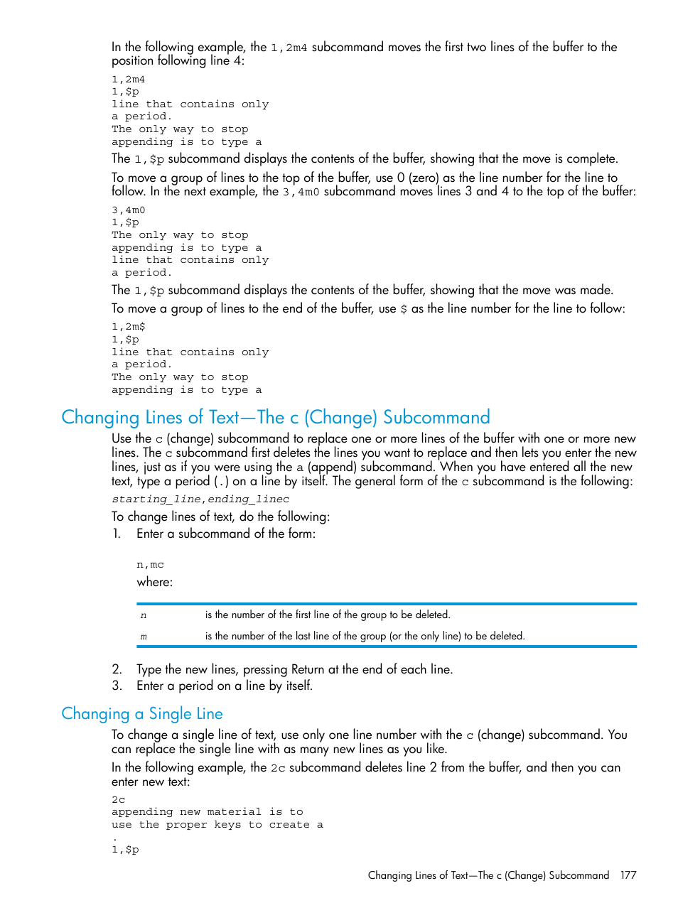 Changing lines of text—the c (change) subcommand, Changing a single line | HP NonStop G-Series User Manual | Page 177 / 213