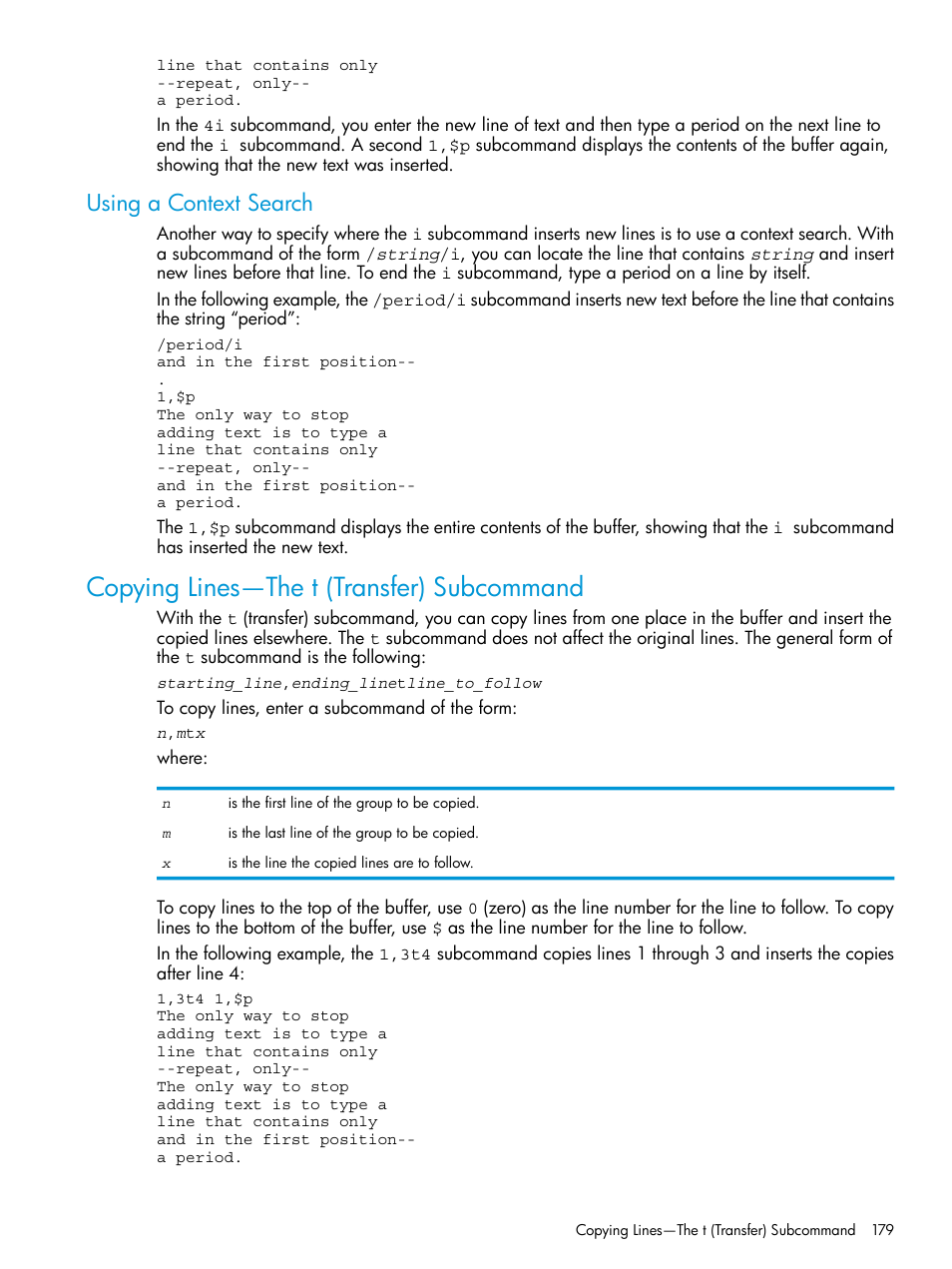 Using a context search, Copying lines—the t (transfer) subcommand | HP NonStop G-Series User Manual | Page 179 / 213