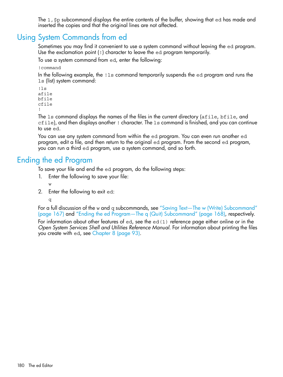 Using system commands from ed, Ending the ed program | HP NonStop G-Series User Manual | Page 180 / 213