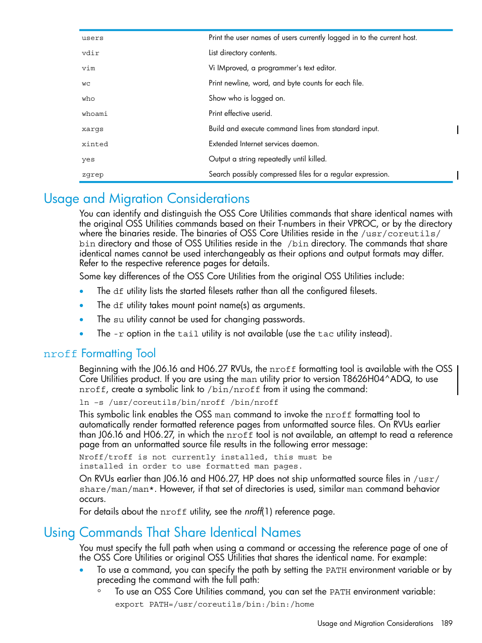 Usage and migration considerations, Nroff formatting tool, Using commands that share identical names | HP NonStop G-Series User Manual | Page 189 / 213
