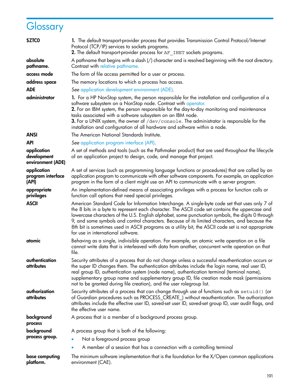 Glossary | HP NonStop G-Series User Manual | Page 191 / 213