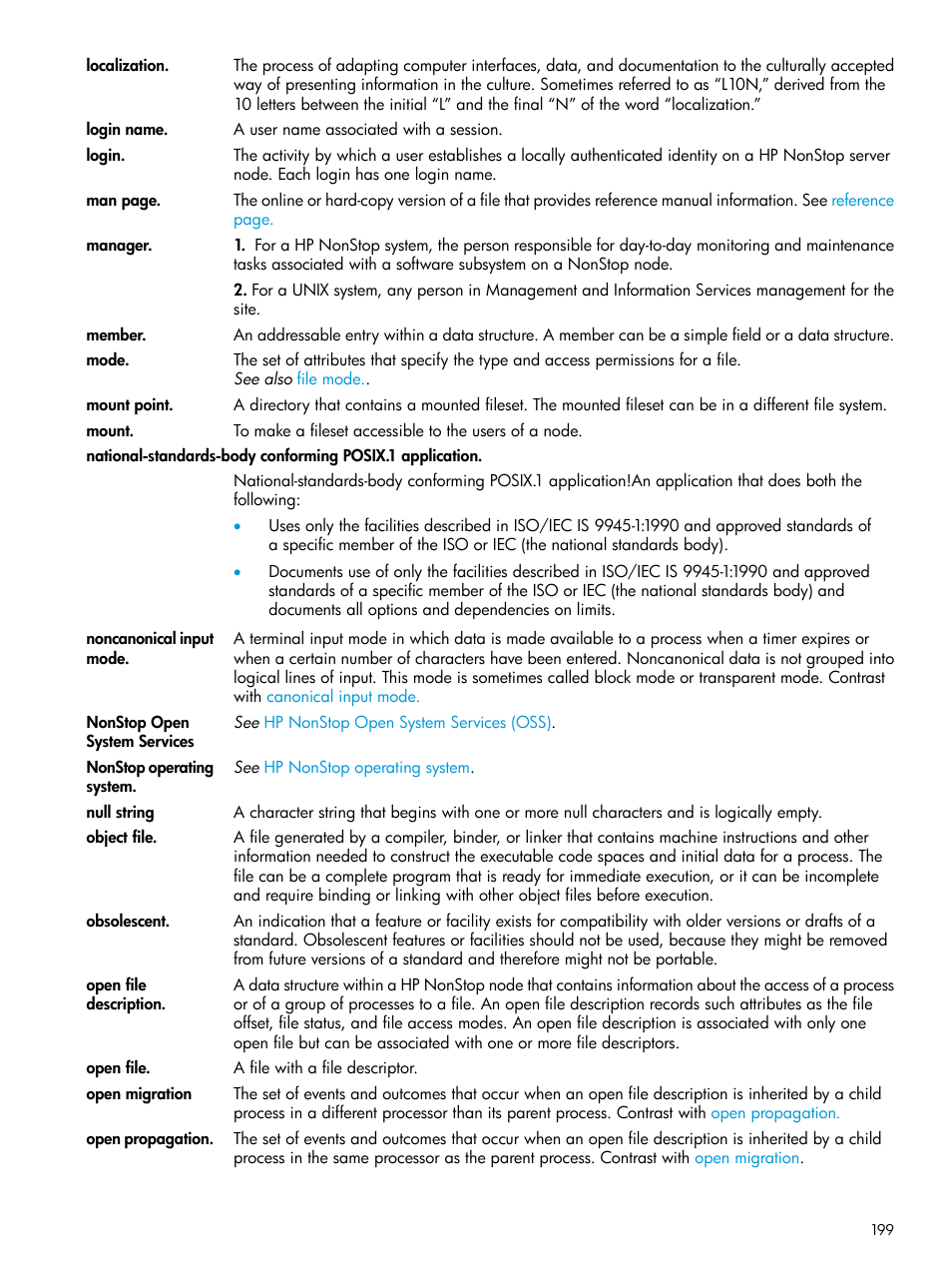 Noncanonical input mode, Open file description, Localization | HP NonStop G-Series User Manual | Page 199 / 213