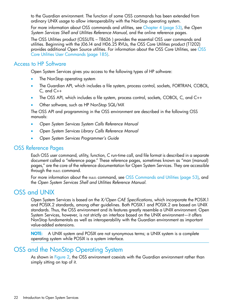 Access to hp software, Oss and unix, Oss and the nonstop operating system | Oss and unix oss and the nonstop operating system, Oss reference pages | HP NonStop G-Series User Manual | Page 22 / 213