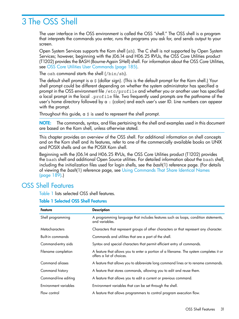 3 the oss shell, Oss shell features, Selected oss shell features | Chapter 3: the oss shell | HP NonStop G-Series User Manual | Page 31 / 213