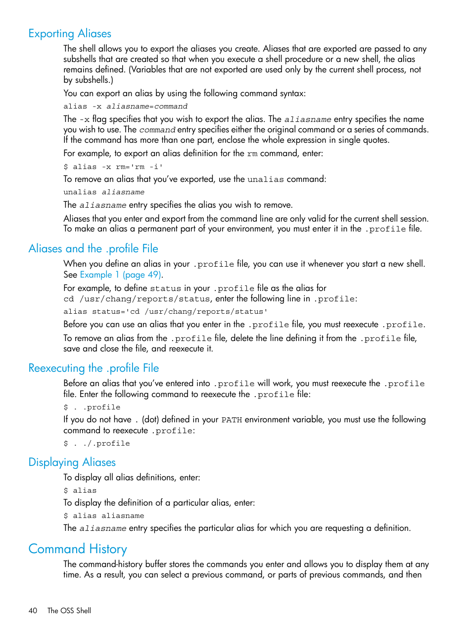 Exporting aliases, Aliases and the .profile file, Reexecuting the .profile file | Displaying aliases, Command history | HP NonStop G-Series User Manual | Page 40 / 213