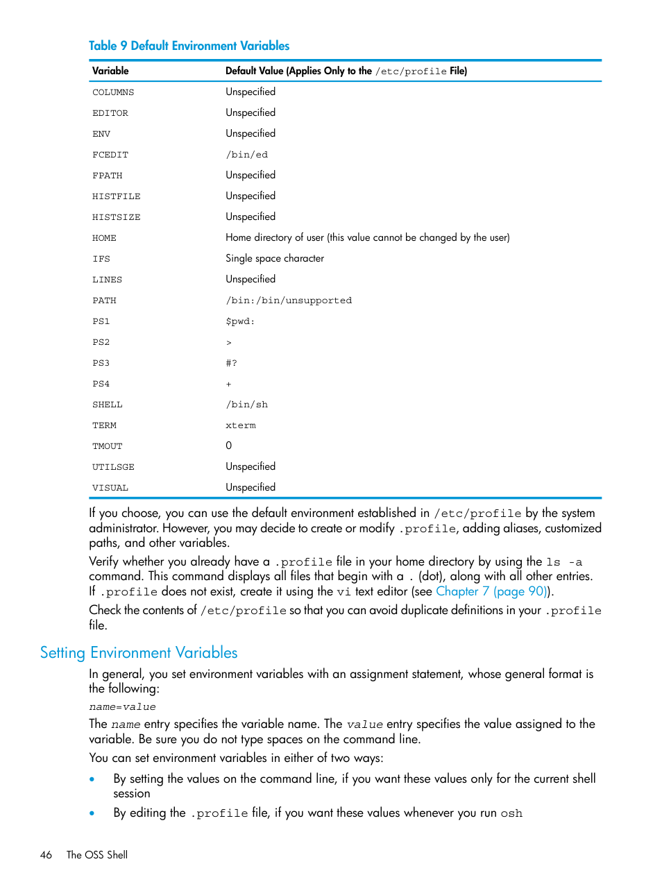 Setting environment variables, Default environment variables | HP NonStop G-Series User Manual | Page 46 / 213