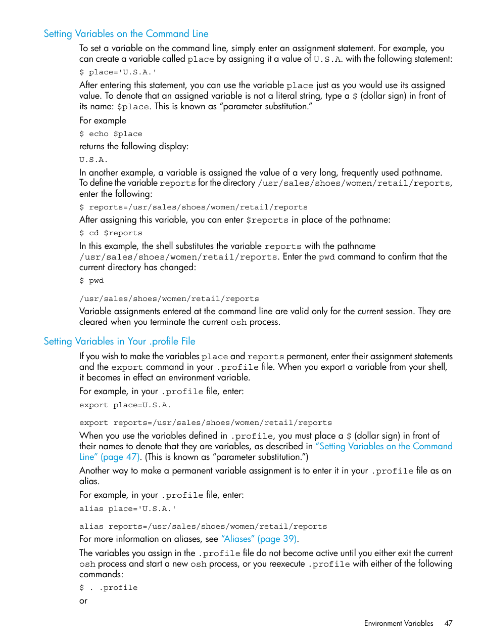 Setting variables on the command line, Setting variables in your .profile file | HP NonStop G-Series User Manual | Page 47 / 213