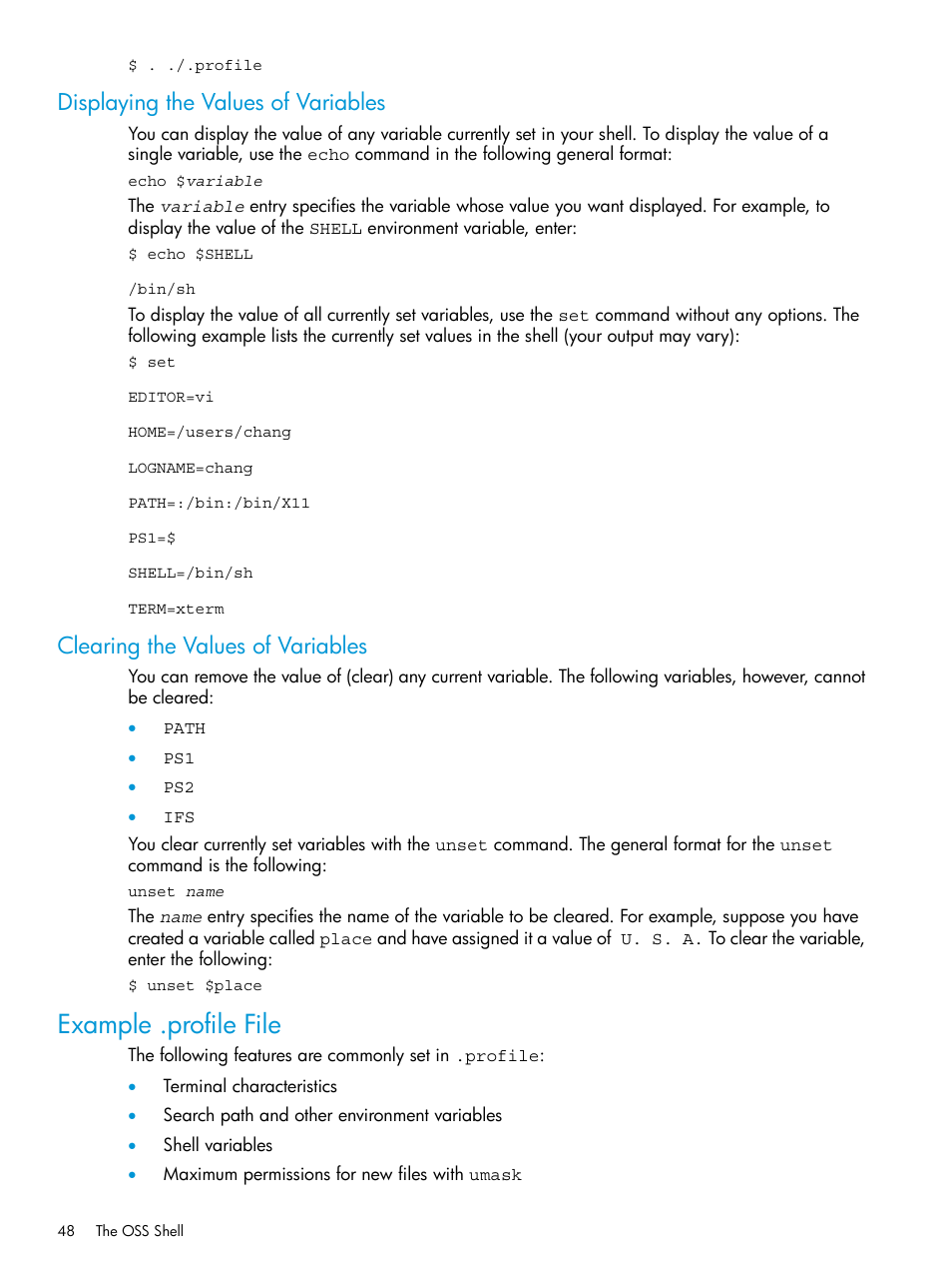 Displaying the values of variables, Clearing the values of variables, Example .profile file | HP NonStop G-Series User Manual | Page 48 / 213