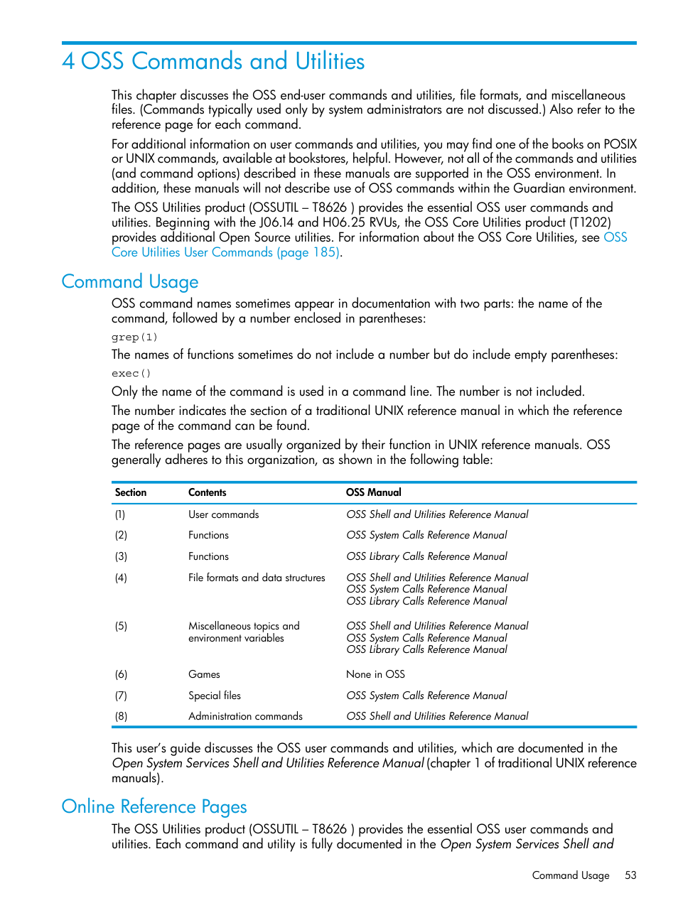 4 oss commands and utilities, Command usage, Chapter 4: oss commands and utilities | Online reference pages | HP NonStop G-Series User Manual | Page 53 / 213