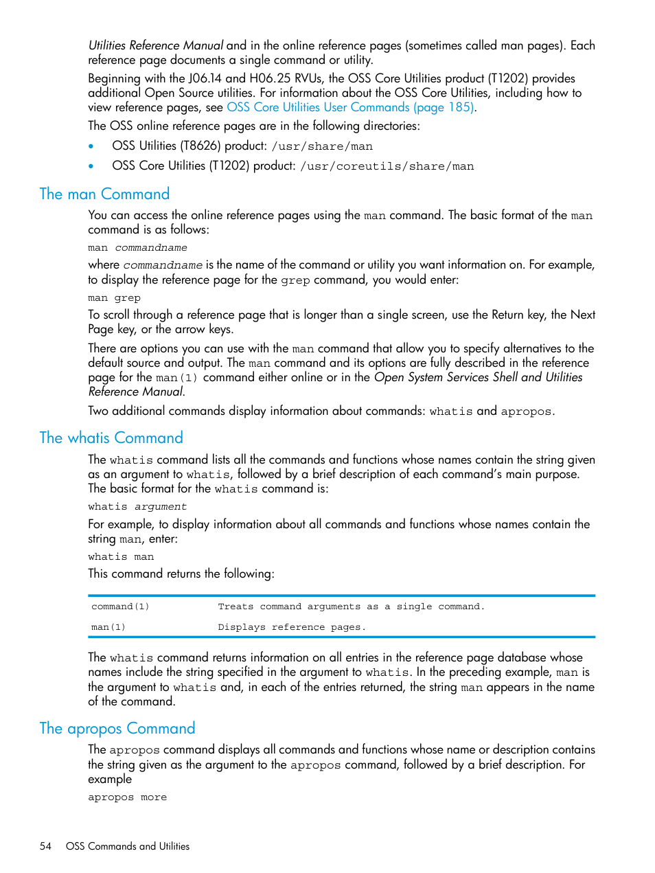 The man command, The whatis command, The apropos command | HP NonStop G-Series User Manual | Page 54 / 213